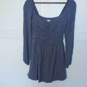 Hollister Slate Blue Eyelet Long Sleeve Mini Dress